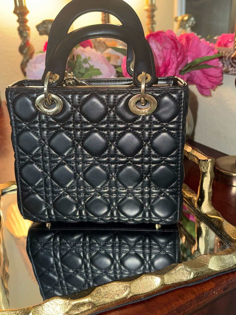 Structured Quilted Mini Top-Handle Bag in Black with Gold Hardware - Picture 3 of 3